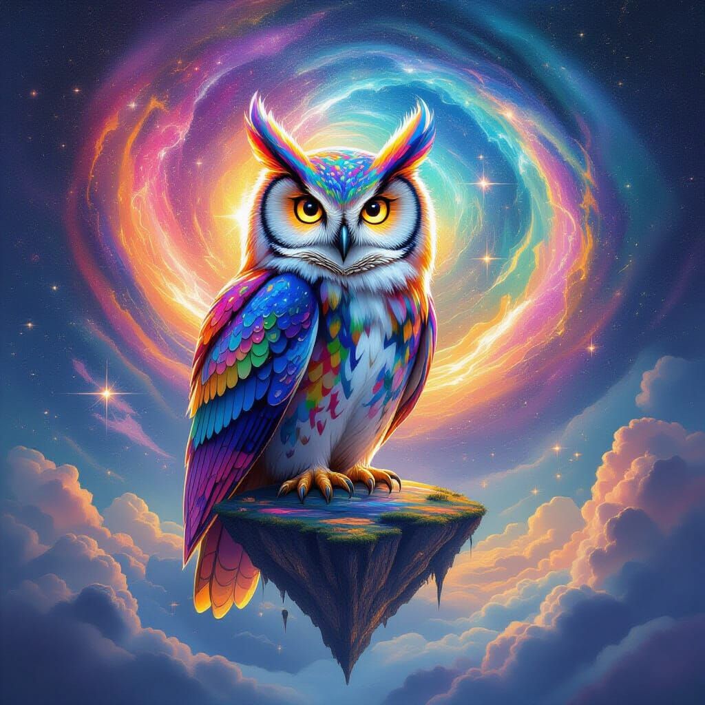 Rainbow Owl Perched on Floating Island in Surreal Scene