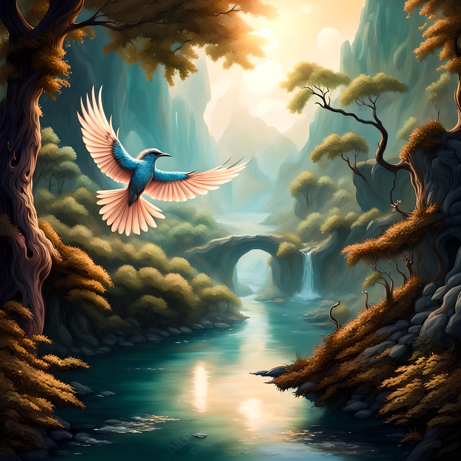 Beautiful ultradetailed fantasy bird, flying over a river, detailed fantasy background