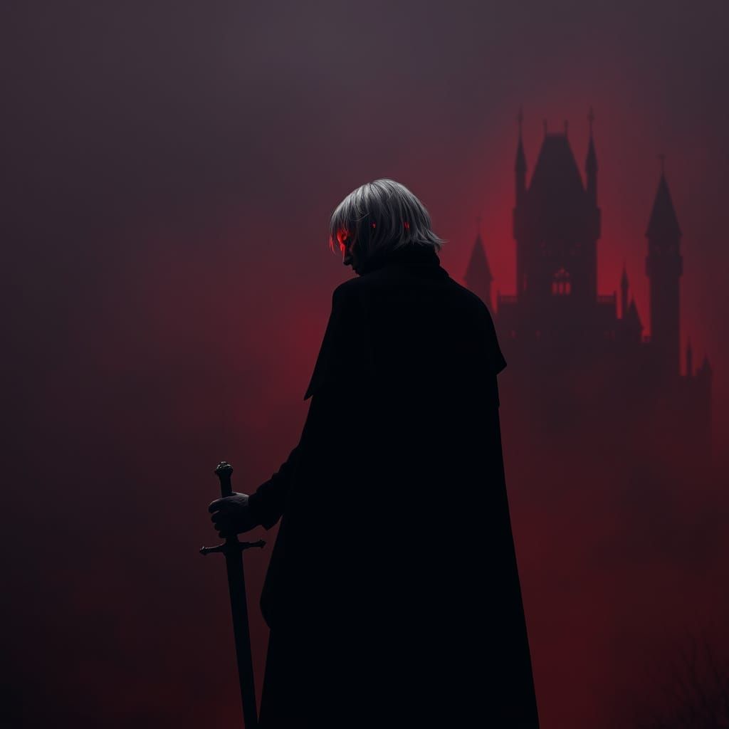 Ominous Figure in Crimson Shadows