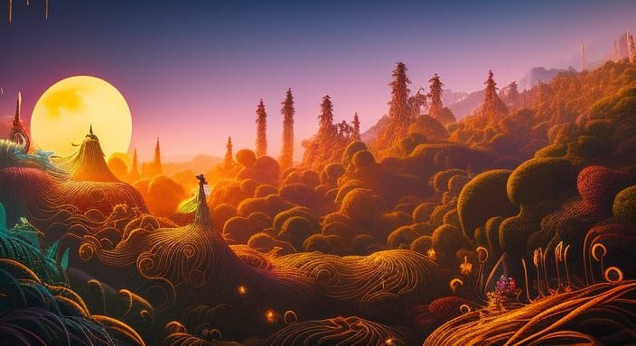 Wizard Woman in Surreal Neon Sun and Moon Bed