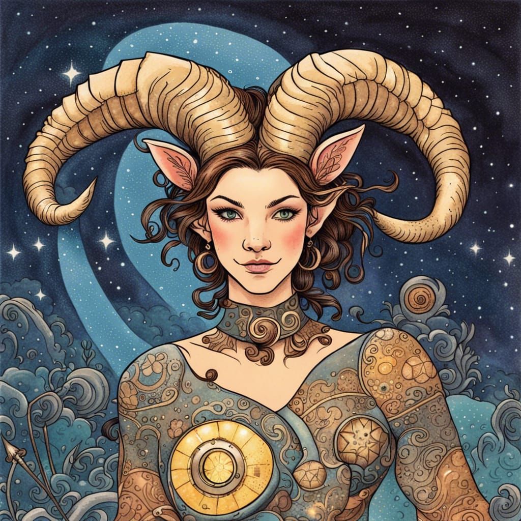 Zodiac Capricorn, female, storybook illustration, underground comix, beautiful, comic art