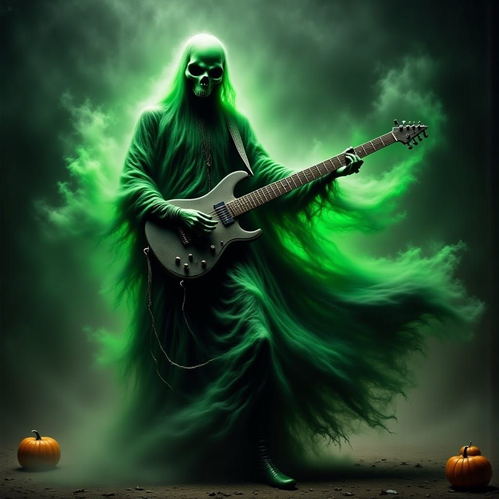 Spectral Musician Plays a G45 Guitar in a Green Kilt