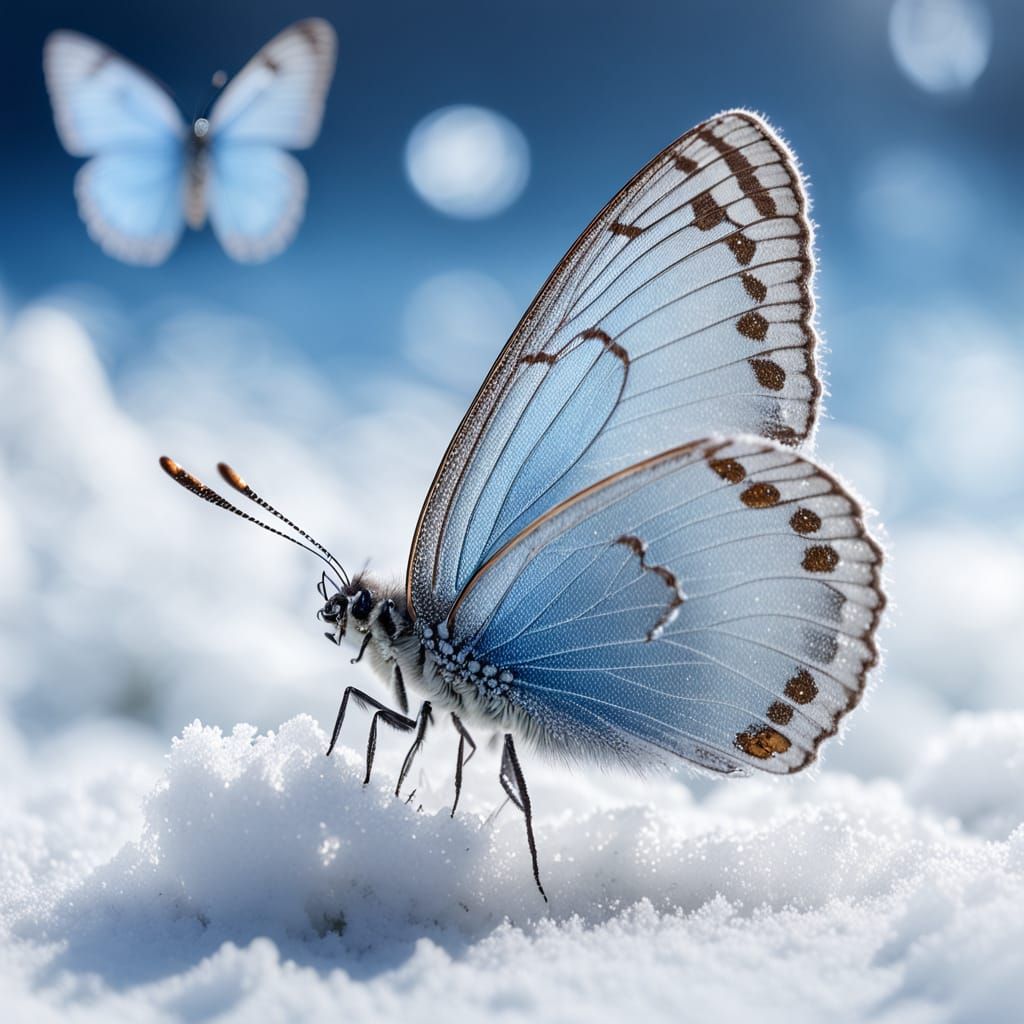 Icy Blue Flower with Butterfly, Photorealistic Macro
