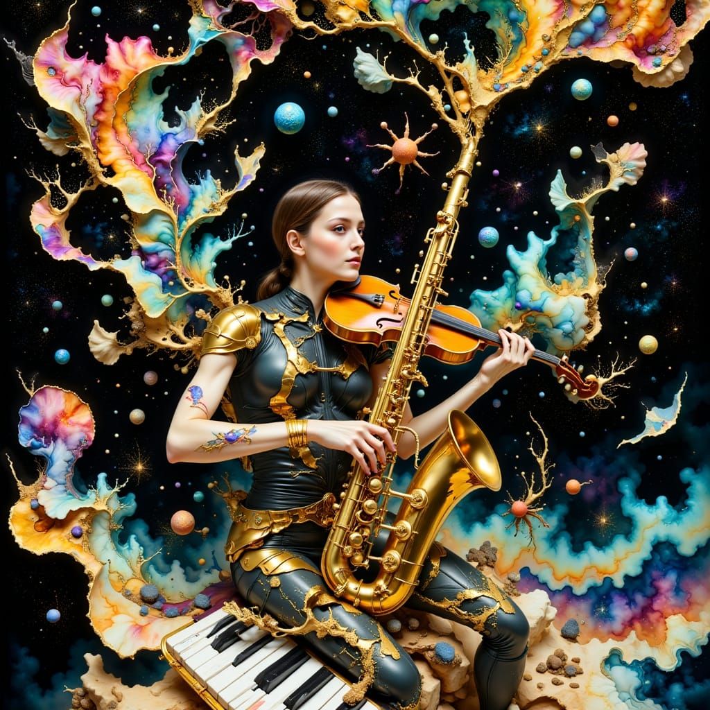 Abstract 3D Musician Playing Instruments in Pop Art Style