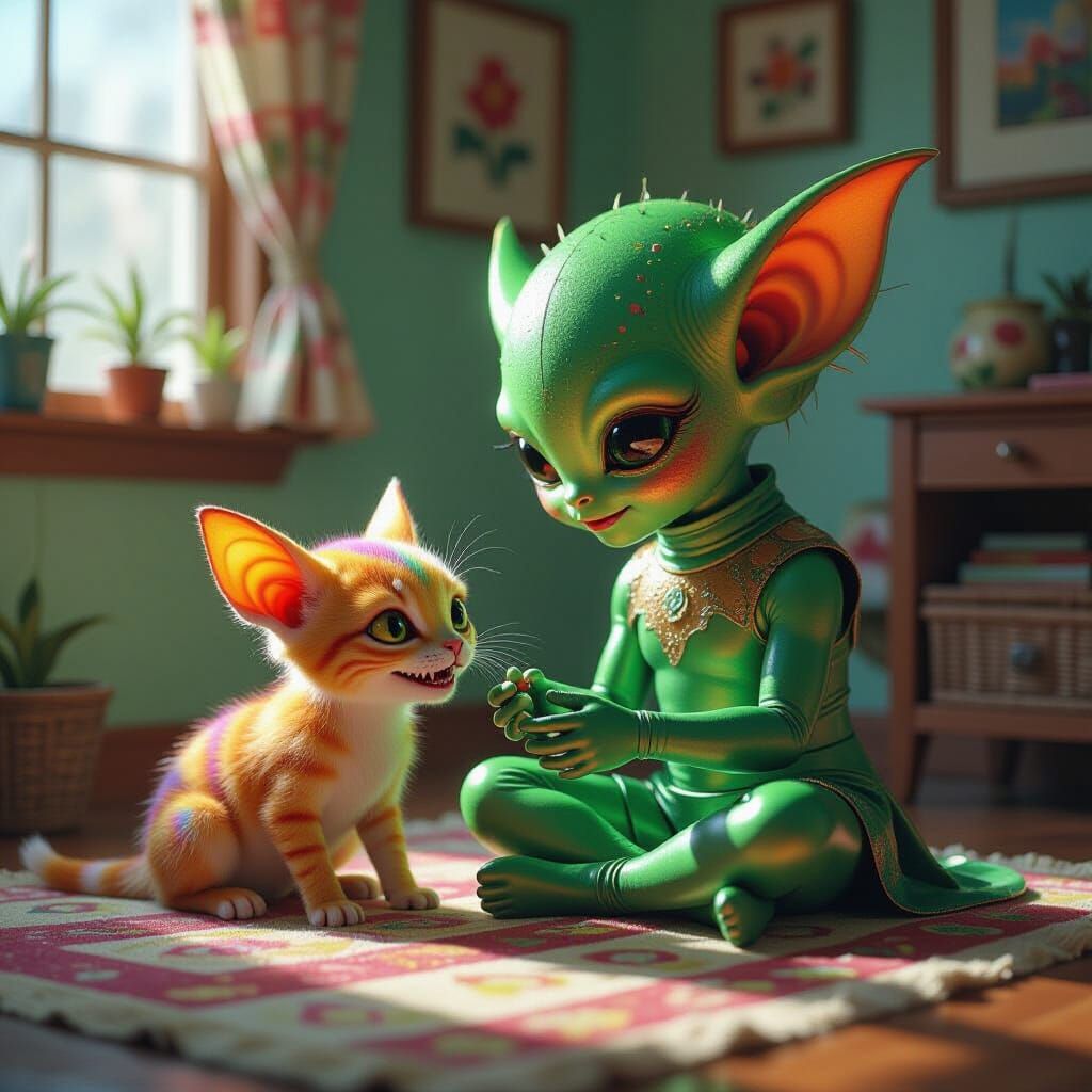 Iridescent Alien Child and Pet, Photorealistic Digital Art