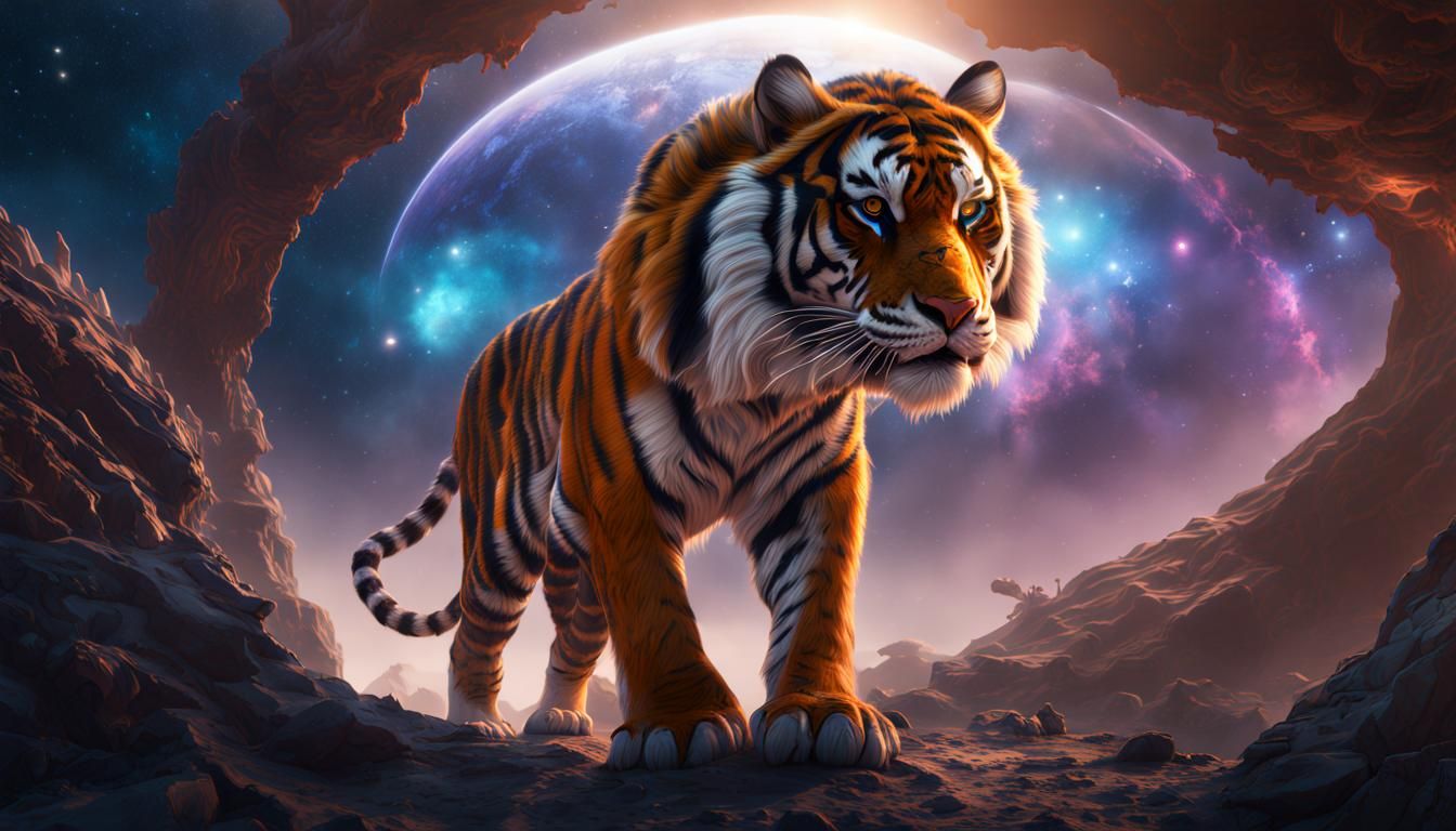 Galactic Tiger: Detailed Matte Painting in Space