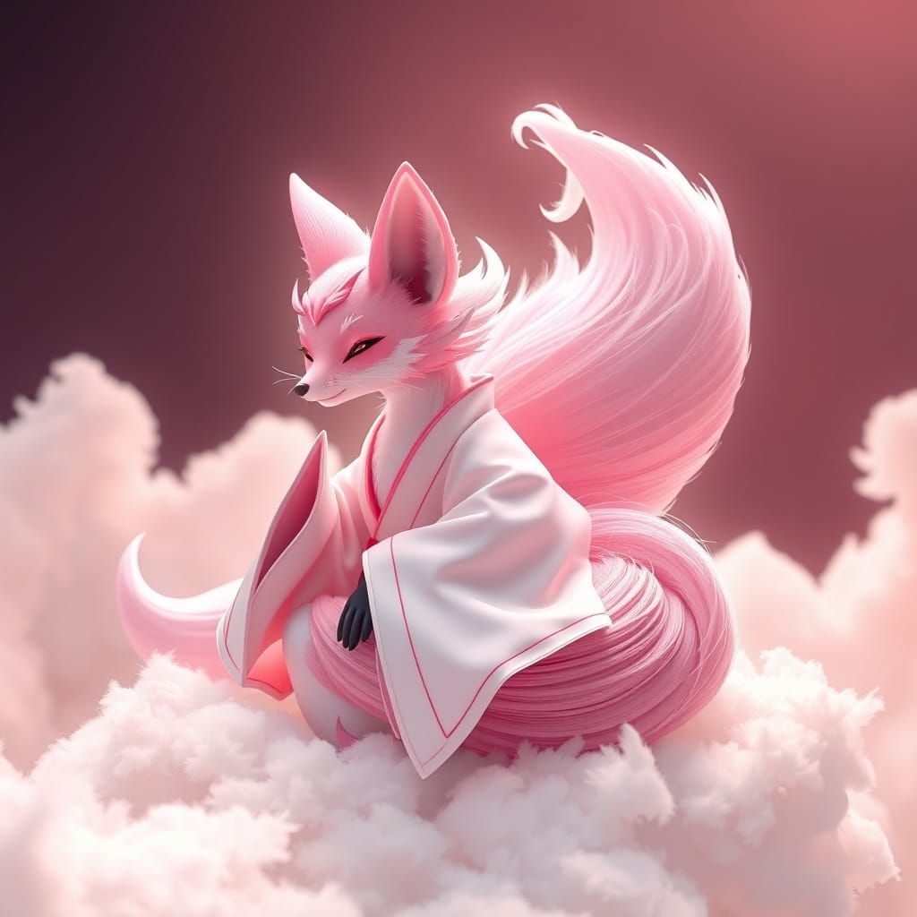 Pink Fox in Kimono on Cloud, Anime 3D Art
