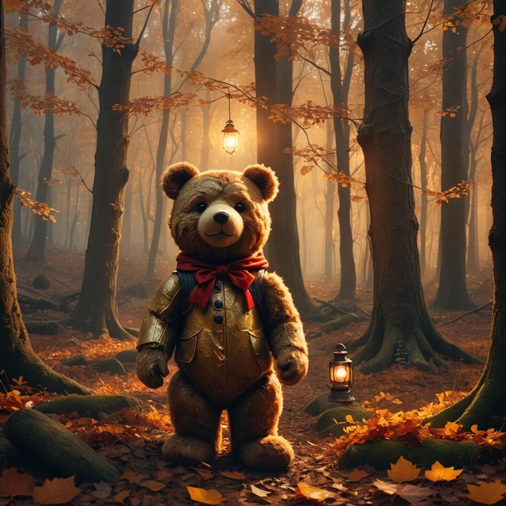 Teddy Bear Lantern Walk in Autumn Forest