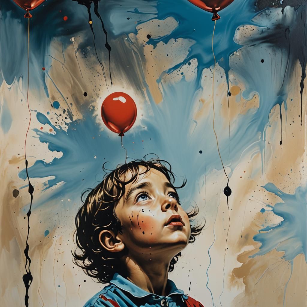 Melancholic Child and Vanished Balloon: Surrealist Oil Paint...