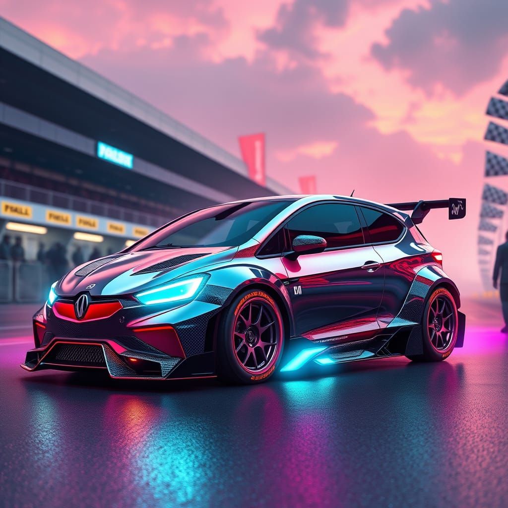 Cyberpunk Hot Hatchback: Neon-Lit Racing Circuit Fantasy