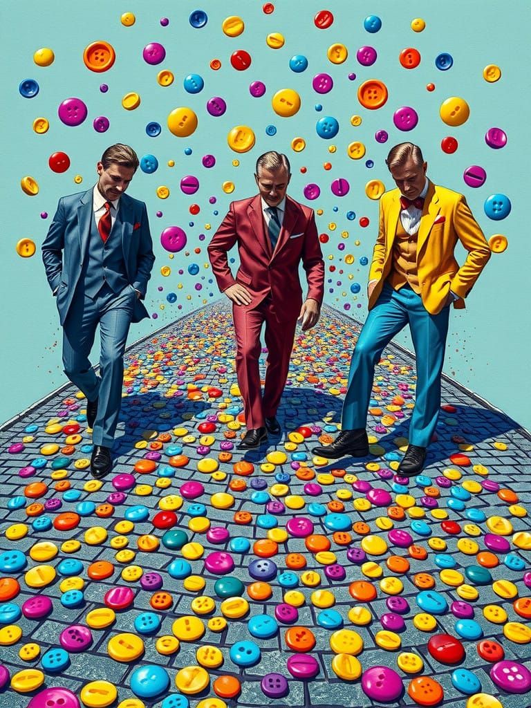 Haute Couture Men Amidst a Vibrant Button Mosaic in Pop Art...