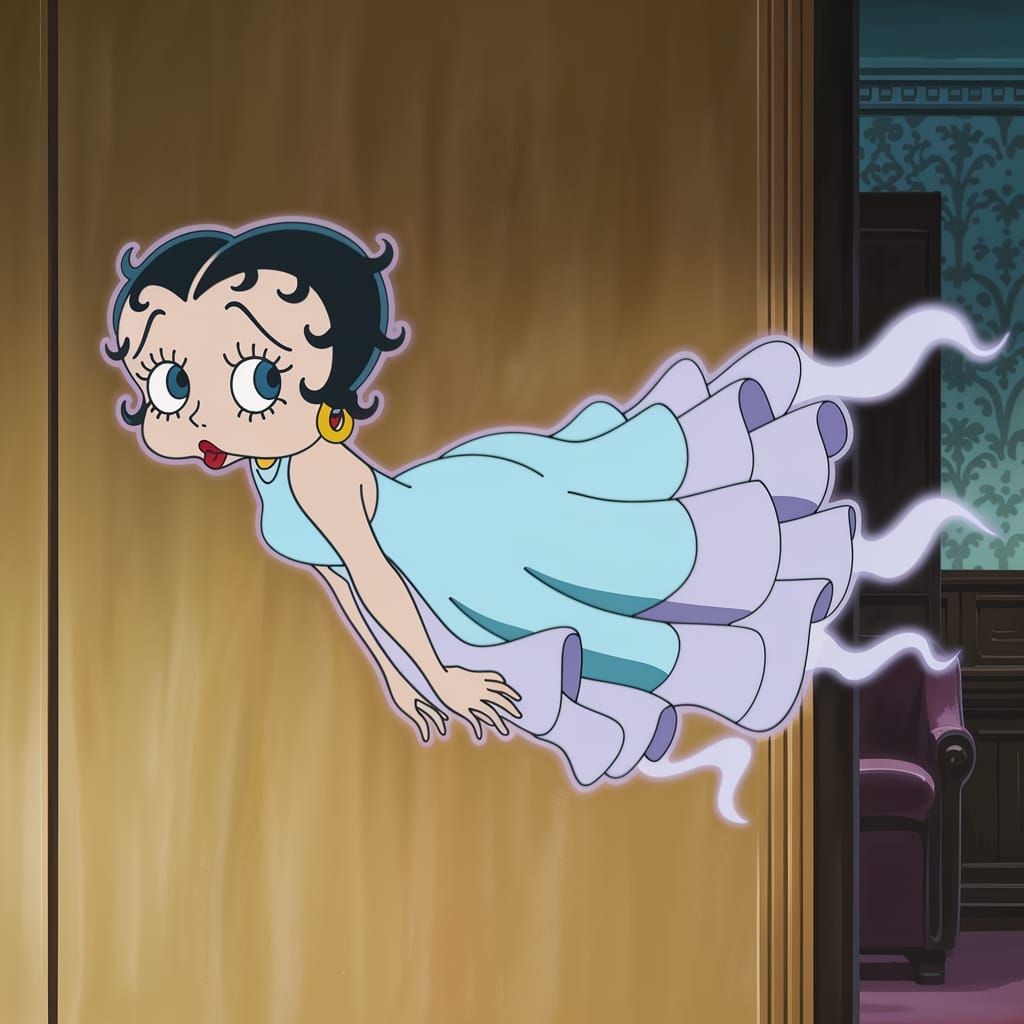 Ethereal Betty Boop Glides Through Oak Wall in Pastel Hues