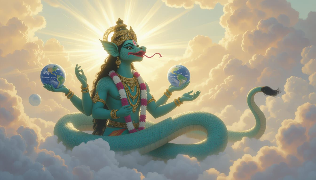 Majestic Serpent Shesha Holding Planets in Heavenly Scene