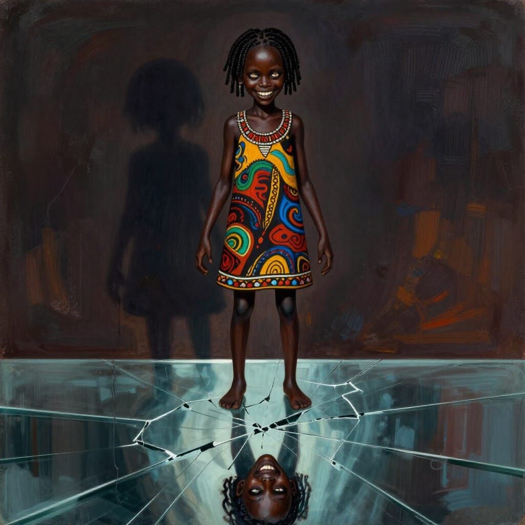 African Girl on Liquid Glass with Shadowy Aura
