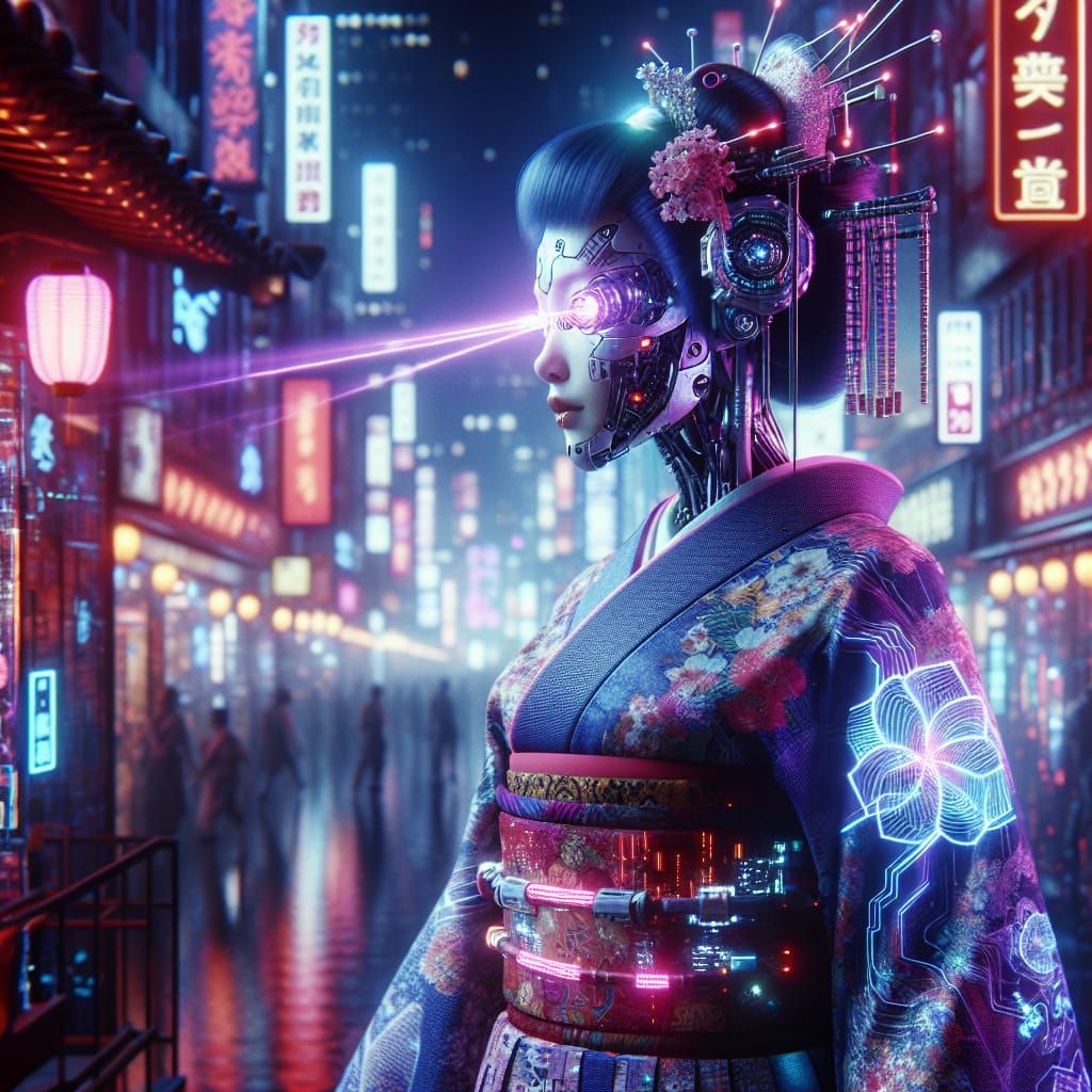 A cyberpunk geisha with cybernetic eyes stands amidst a neon...