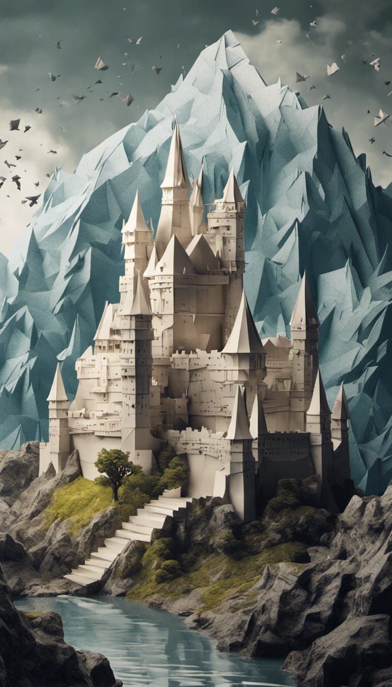 Origami Castle Landscape in Hyperdetailed Papercraft Style