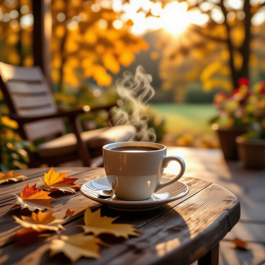 Steaming Coffee on Rustic Table with Fall Leaves
