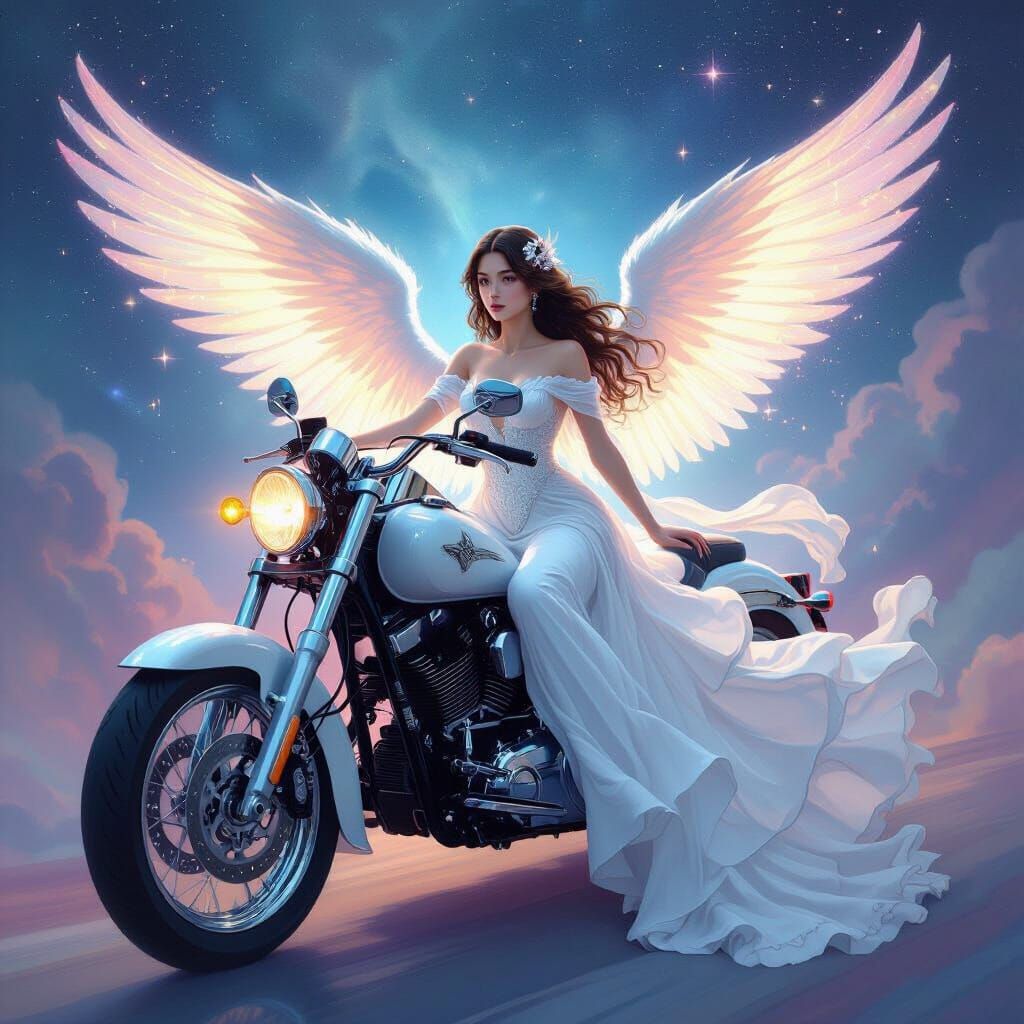 Celestial Wolf-Girl Motorcycle Art Nouveau Style