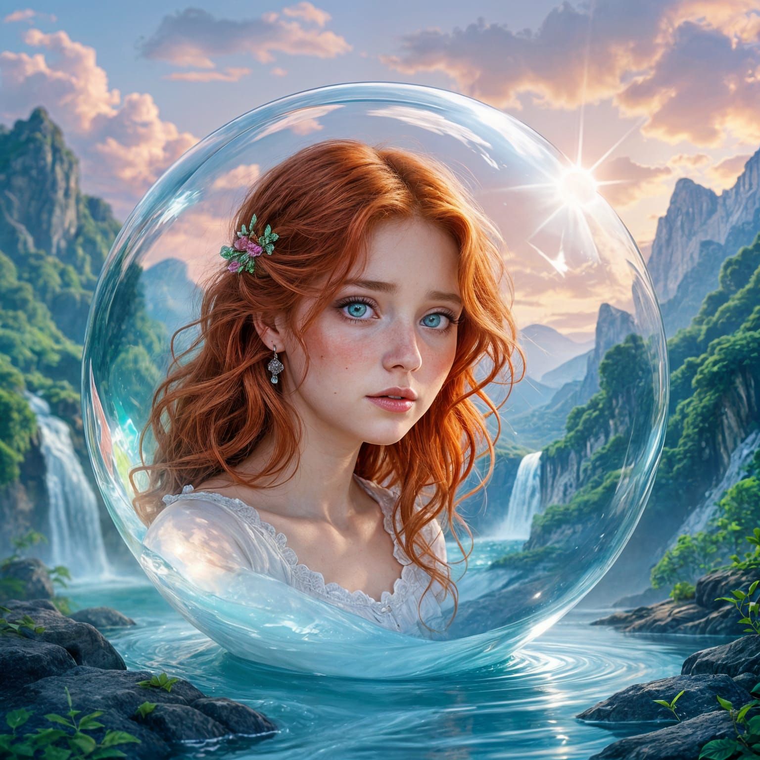 Sad Redhead Girl in Crystal Ball Fantasy Art
