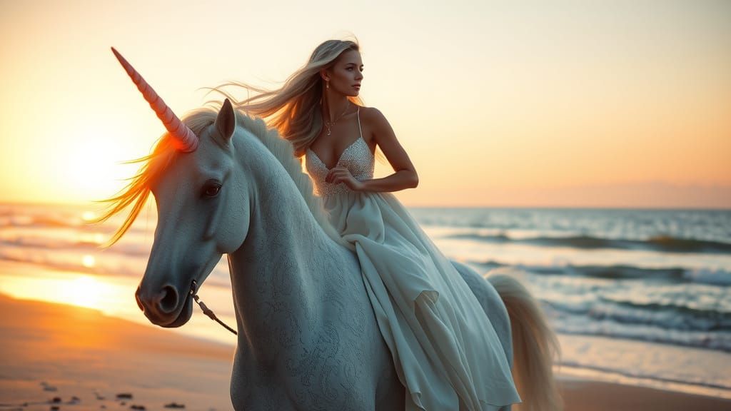 Epic Sunset Unicorn Ride on a Dreamy Beach