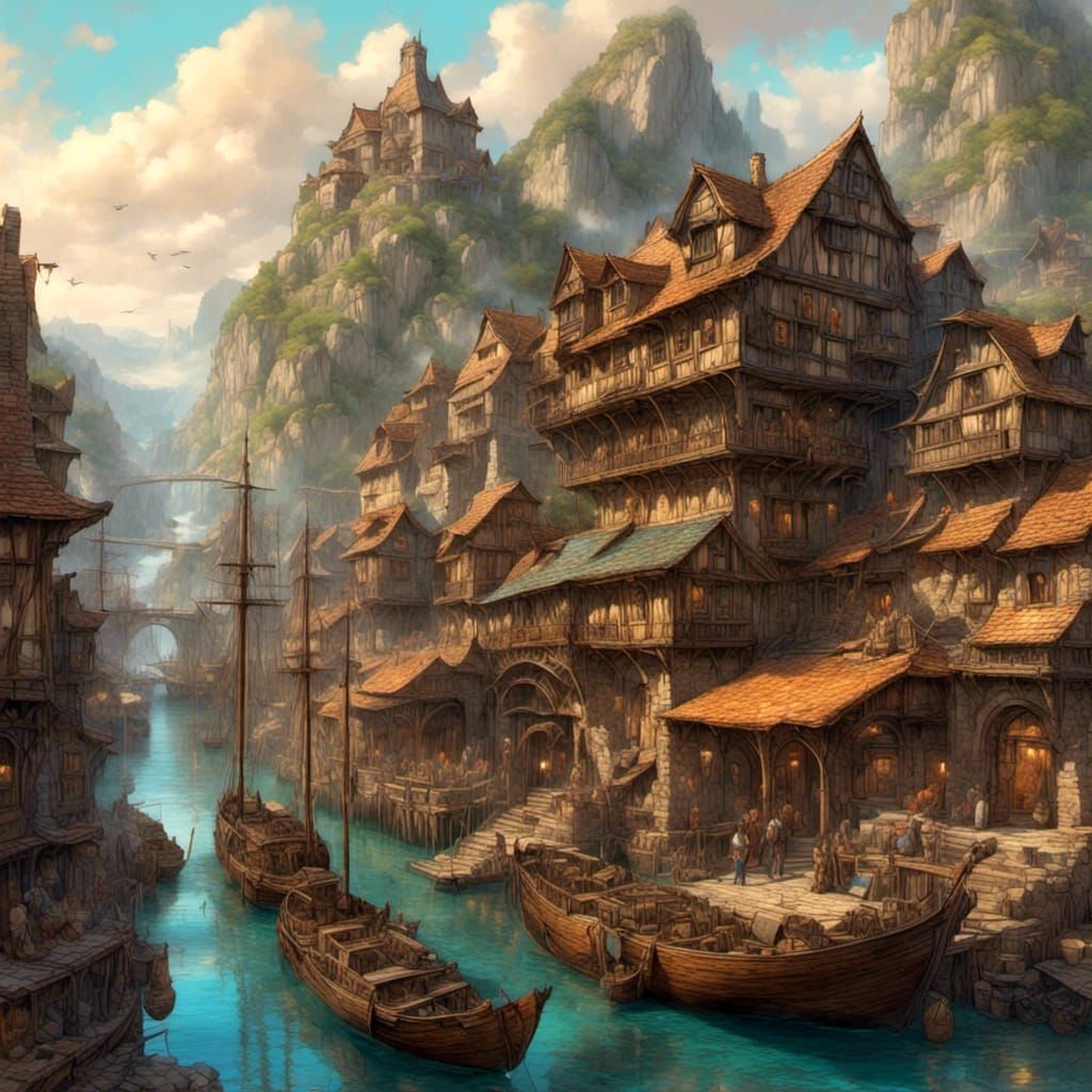 Bustling Dock in a Fantasy City on the River