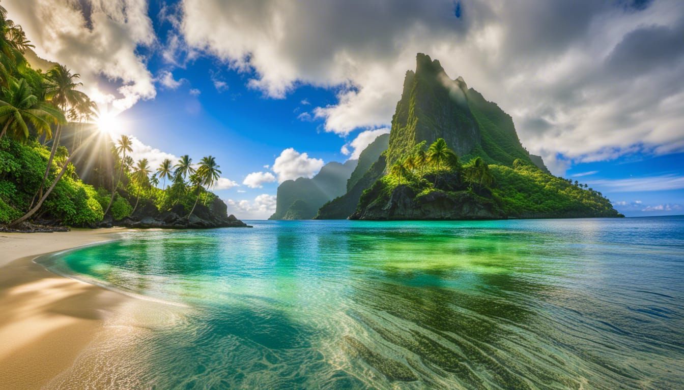 Tahiti Beach Cove with Iridescent Waves, Hyperrealistic Phot...