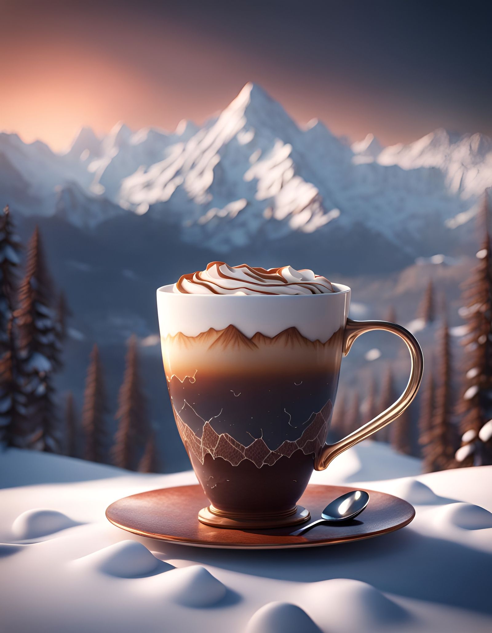 Layered Coffee with Snowy Mountain Backdrop