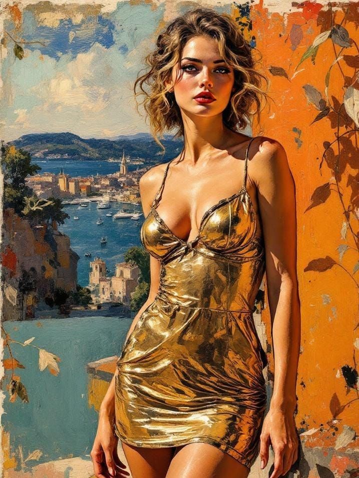 Swedish Pin-Up in Gold Dress, Impasto-Style