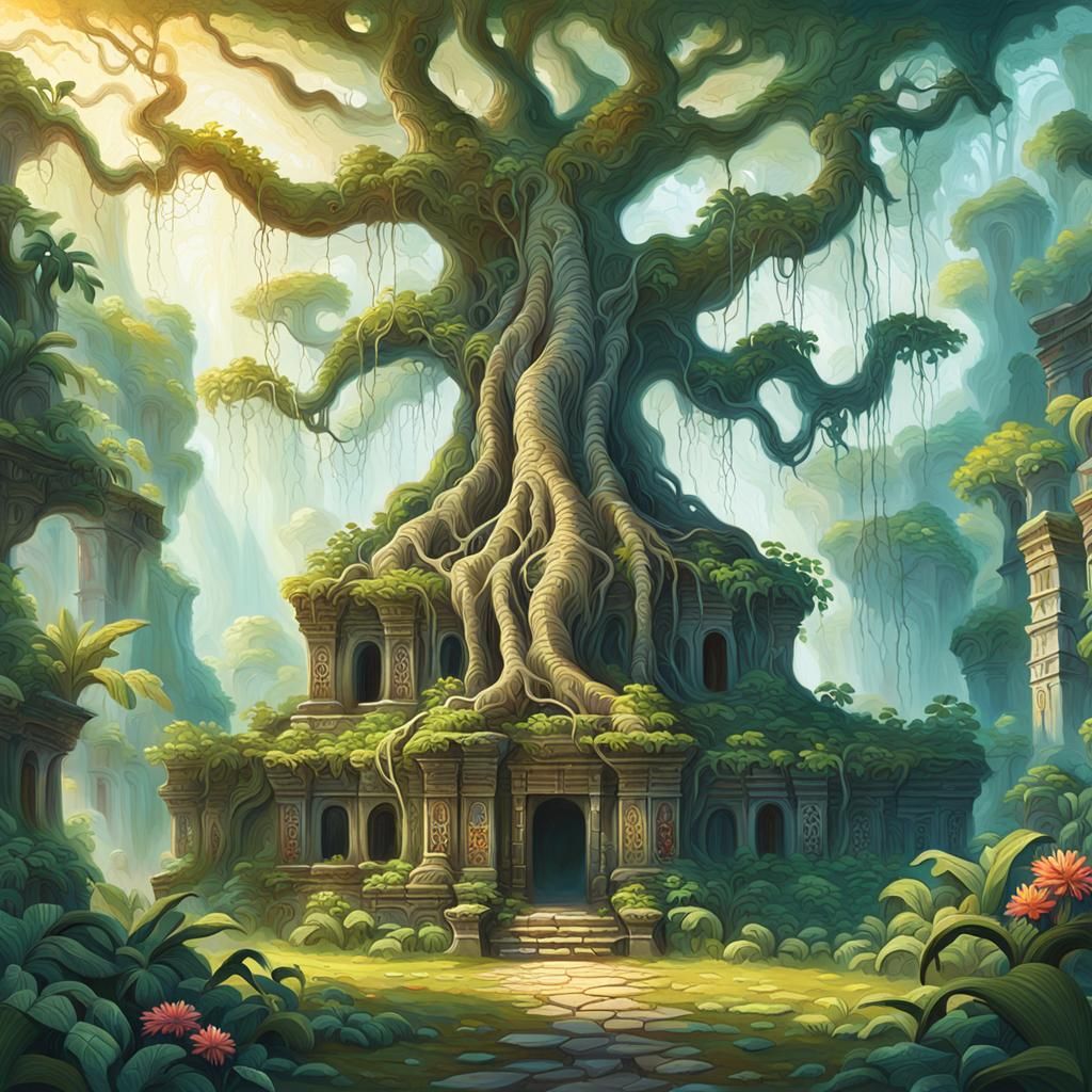 Lush Jungle Landscape with Ancient Temple, Oil Painting