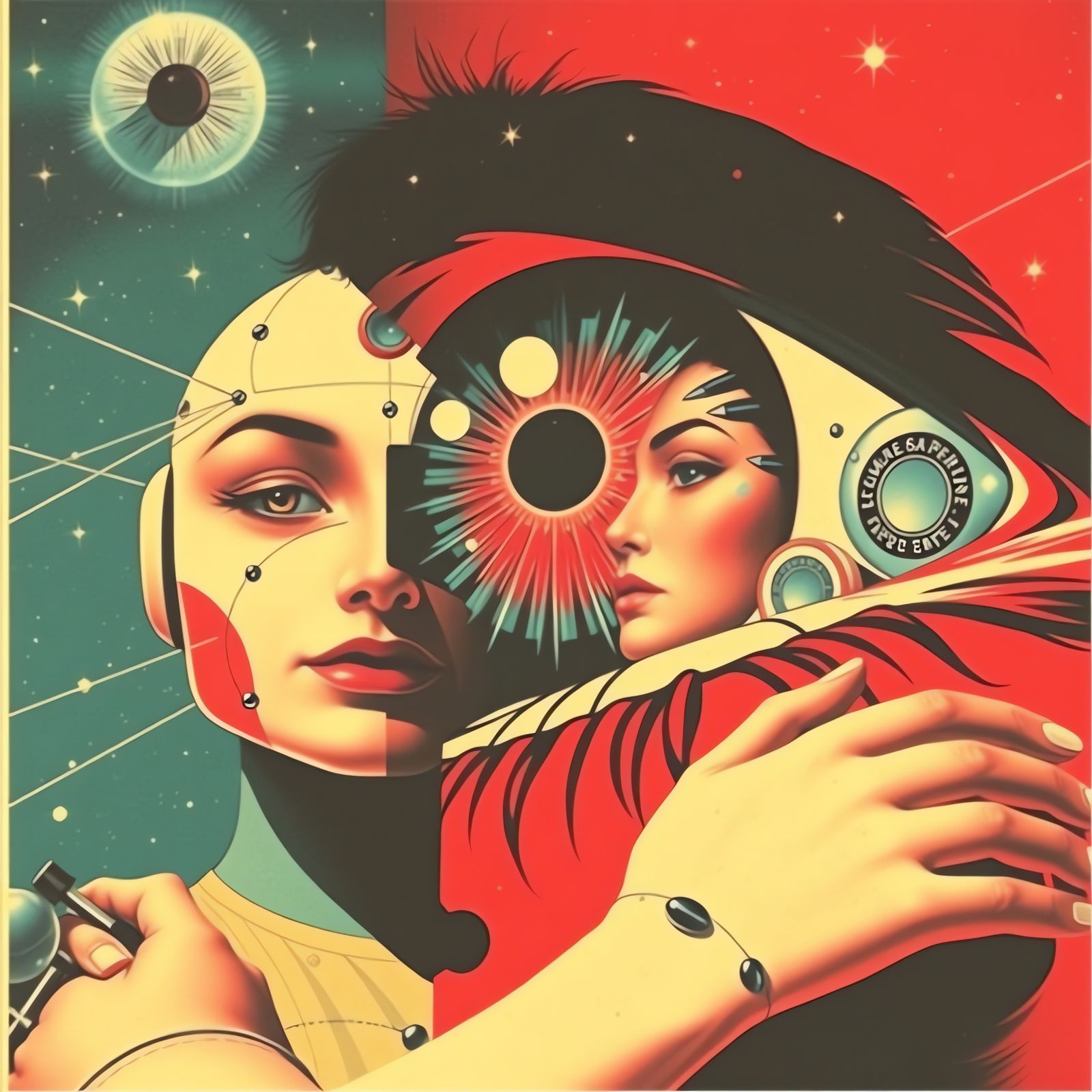 Futuristic Propaganda Poster of Lovers Under Surveillance