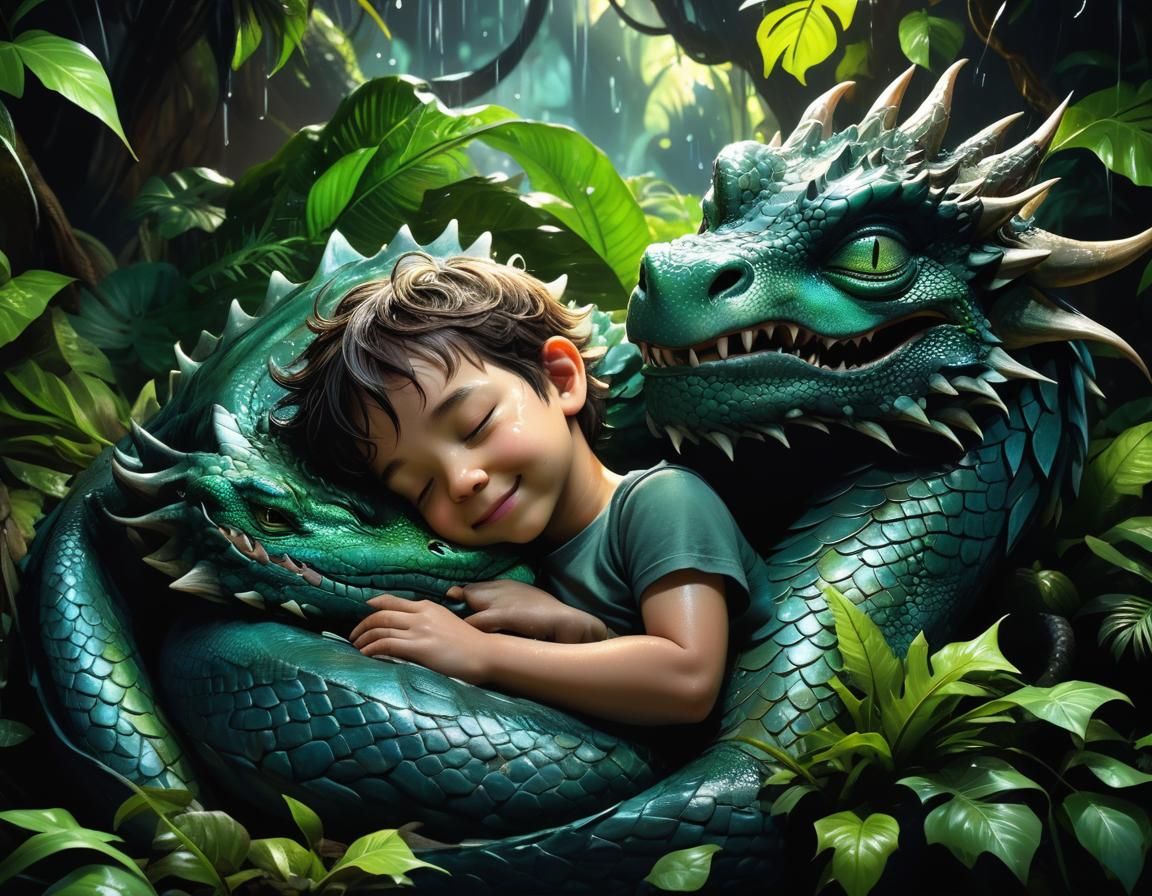 Child Sleeps with Dragon in Bioluminescent Jungle