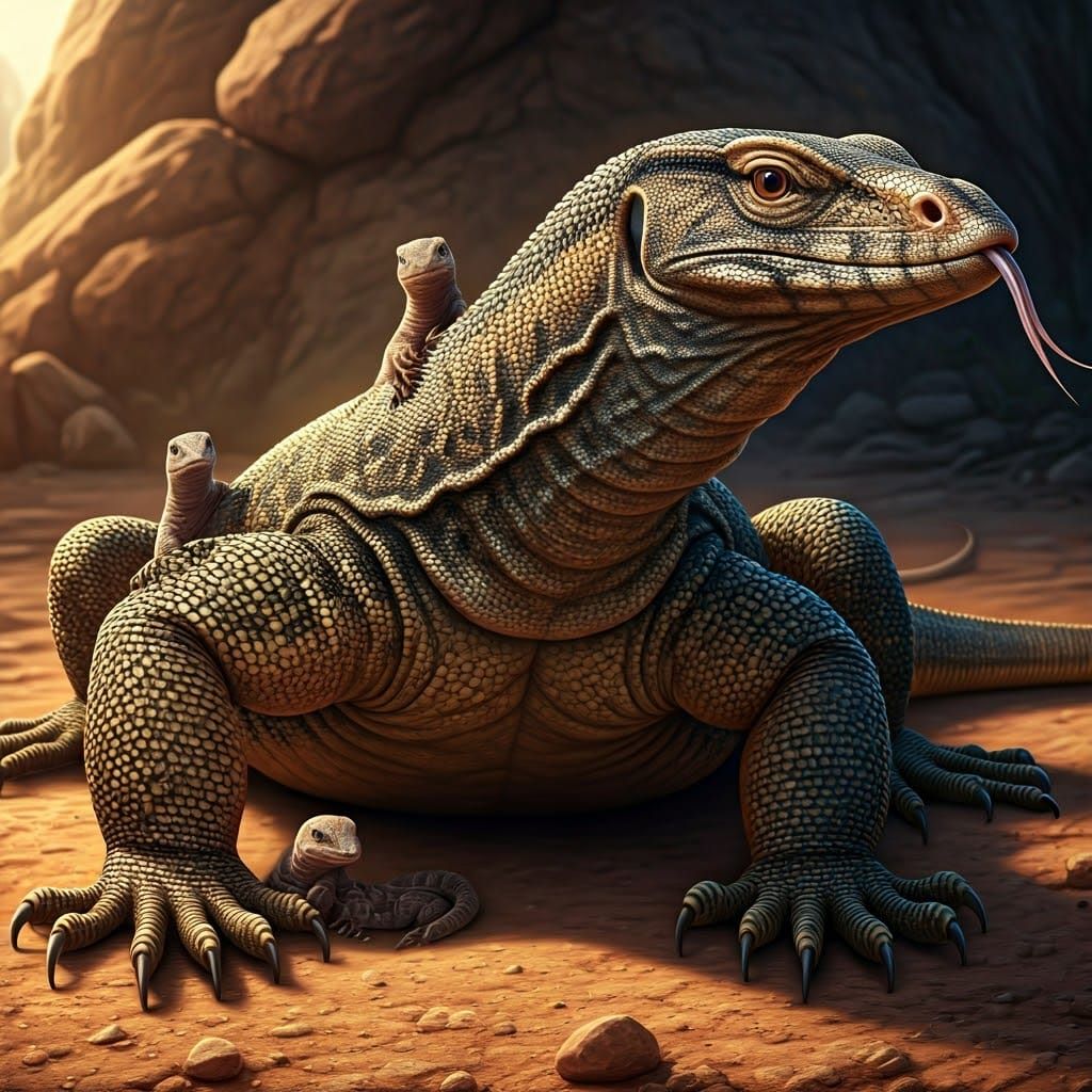 Motherly Monitor Lizard Protects Her Adorable Young in a Sun...