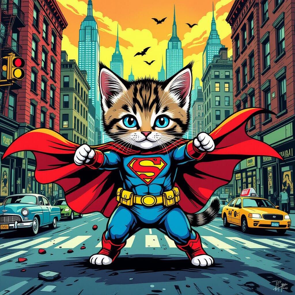 Superhero Kitten Fighting Crime in Noir Comic Style