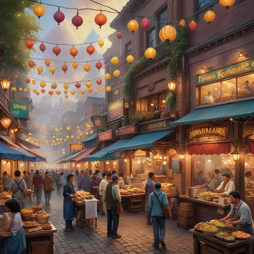 Vibrant Market Scene with Street Food in Fantasy Style