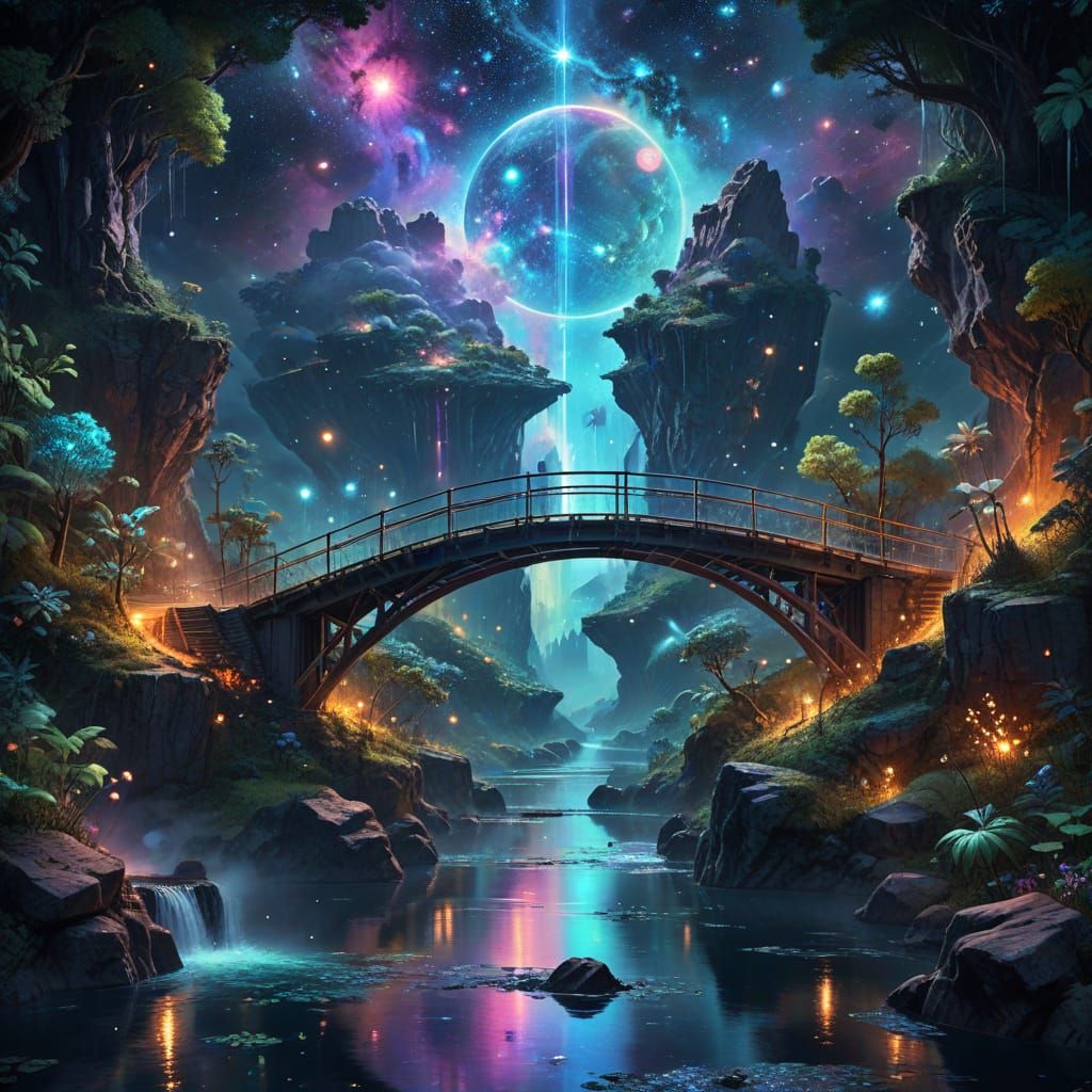 Cosmic Bridge in Vibrant Holographic Style
