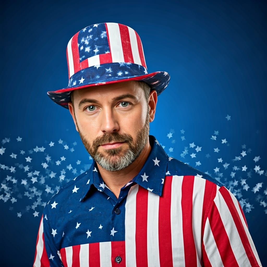 Patriotic Man Celebrates in American Flag Outfit