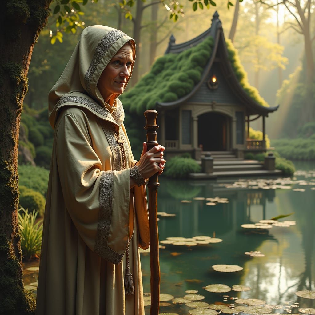 A middle aged human cleric visits a rustic temple beside a l...