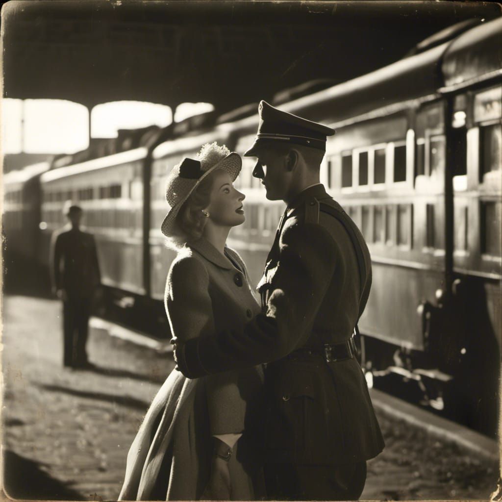 Film Noir Soldier's Goodbye at Train Station