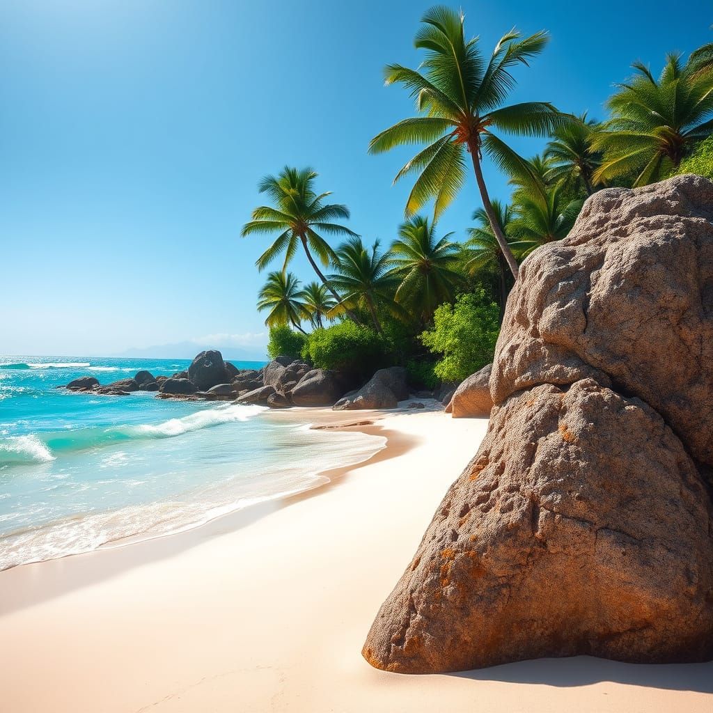 Idyllic Tropical Oasis with Azure Waters and Majestic Palm T...