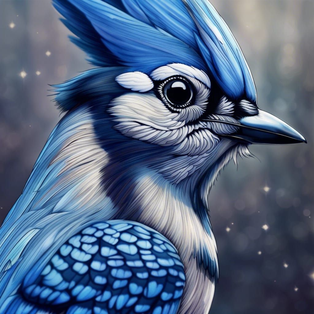 Macro Image of Blue Jay in Colored Pencil Style