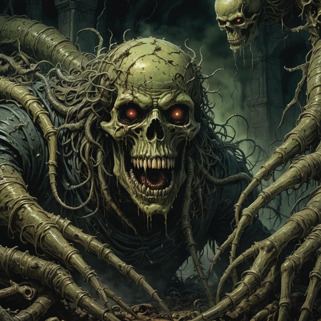 Maggots Devouring Corpse in Dark Fantasy Temple