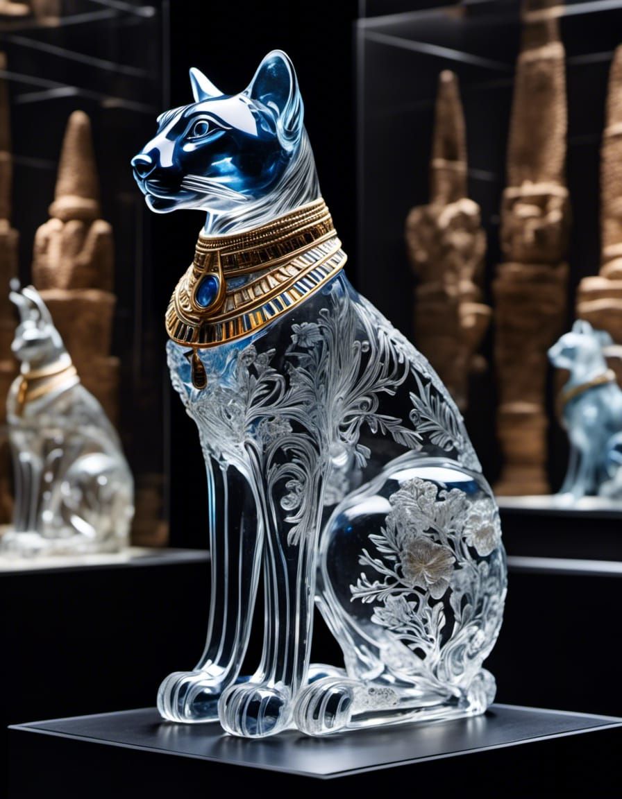 Elegant Egyptian Glass Cat Sculpture in Museum