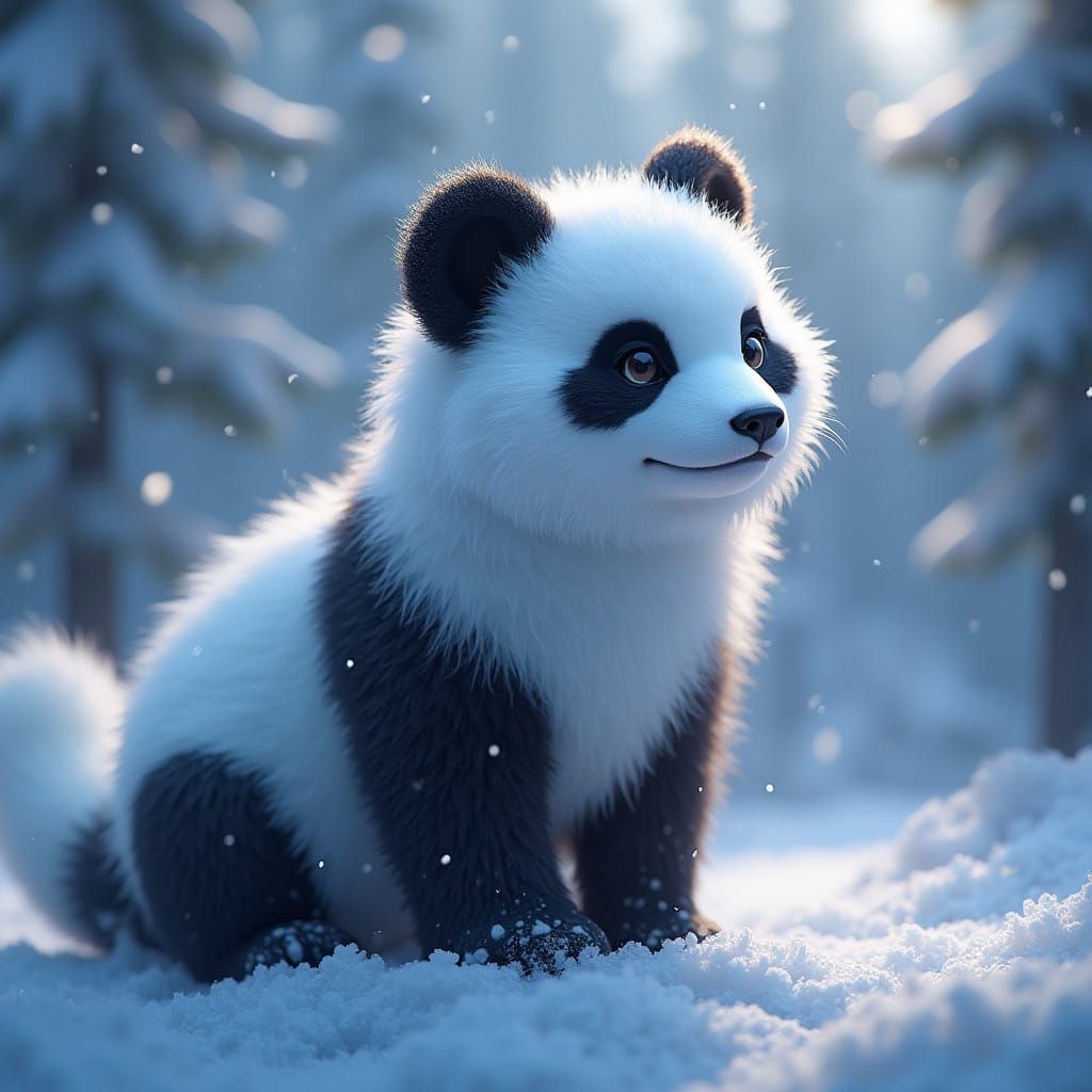 Ethereal Snowfox-Panda Hybrid in Dreamlike Aurora Landscape