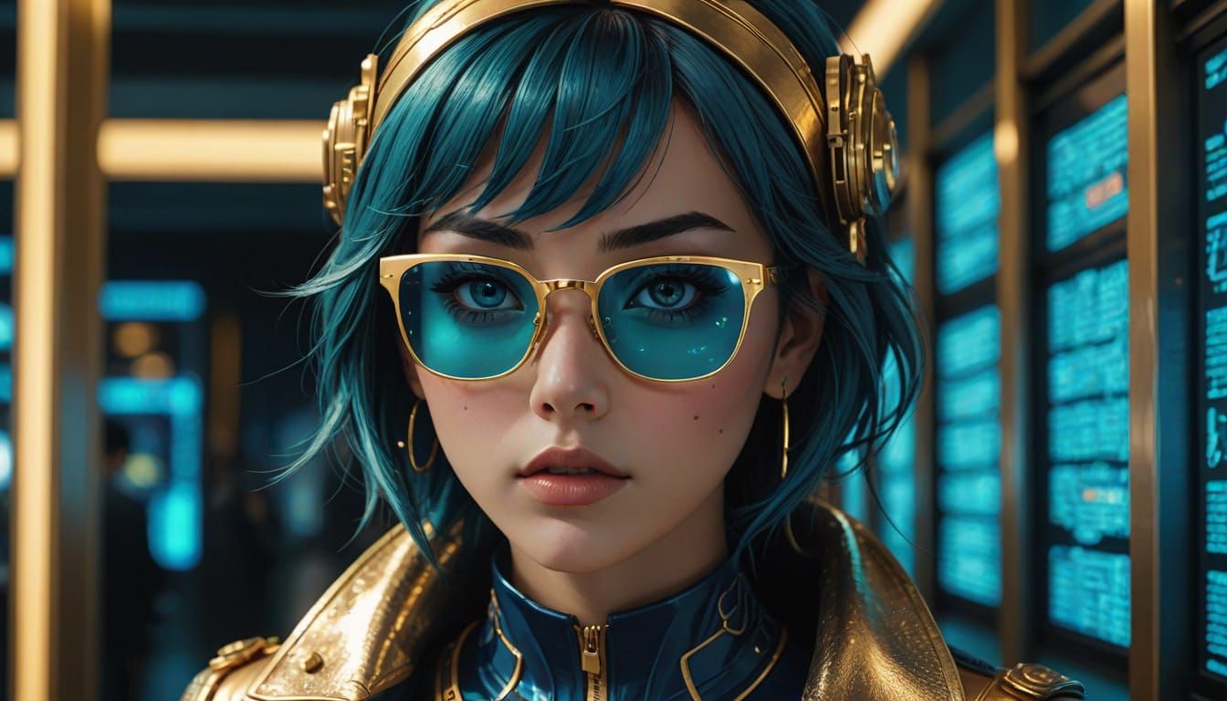 A realistic anime-style portrait of a female hacker in a dim...