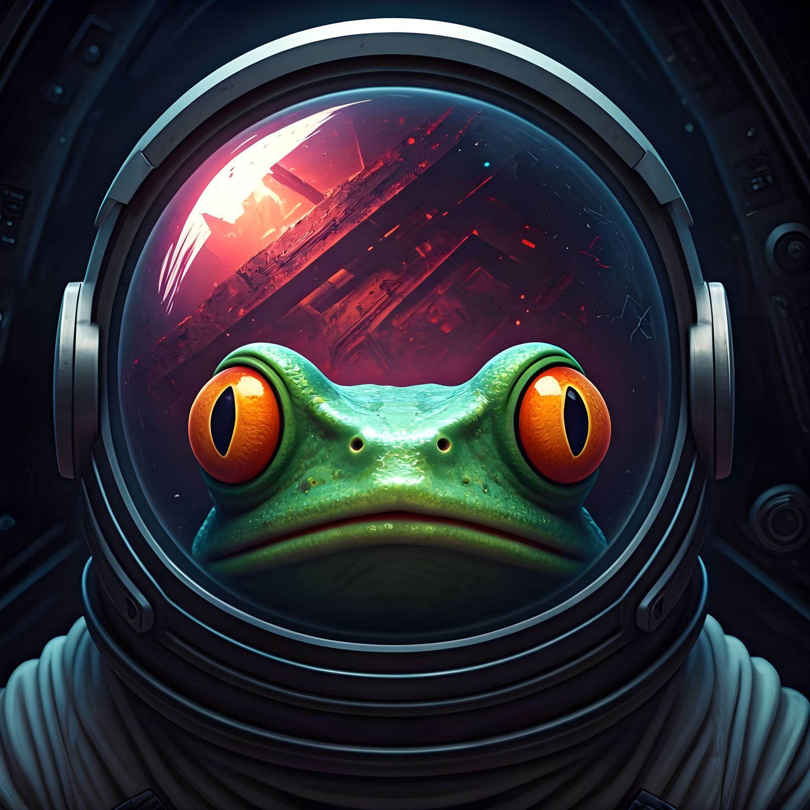 Frog Astronaut Faces Colossal Alien Structure