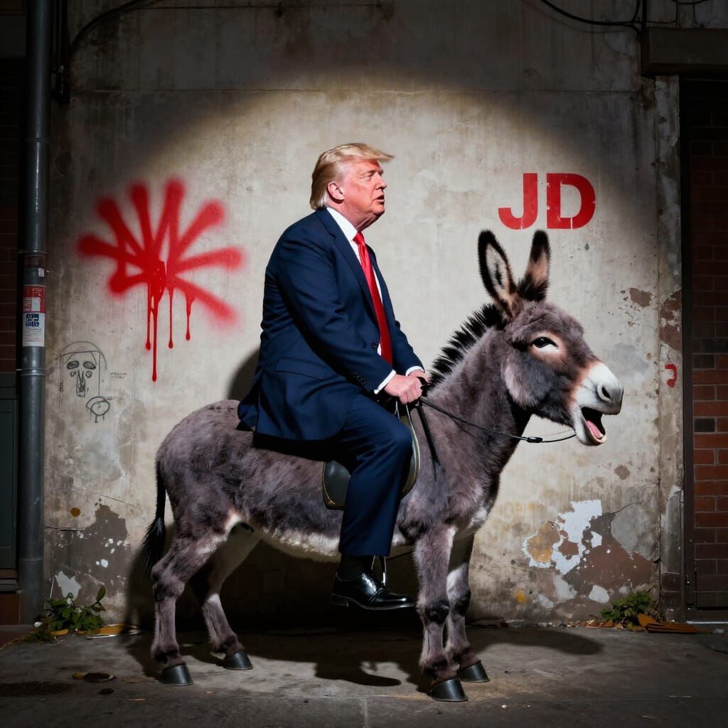 Satirical Political Art: Trump Rides Donkey JD Vance in Bank...
