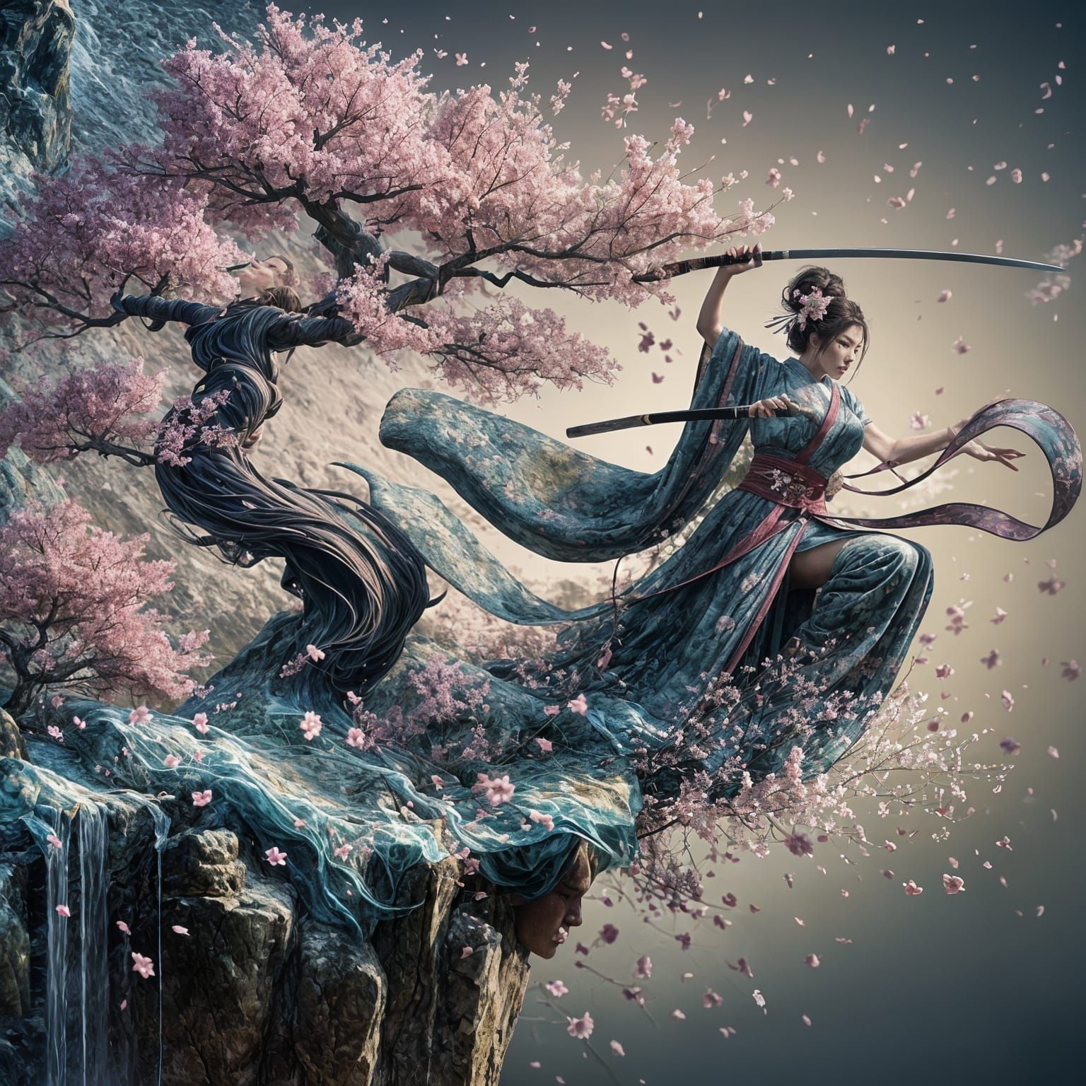 Geisha Martial Arts Under Cherry Blossom Tree