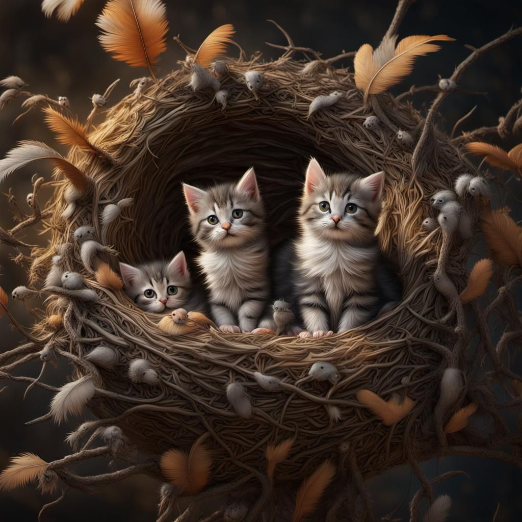 Kittens in Bird Nest: Photorealistic Art