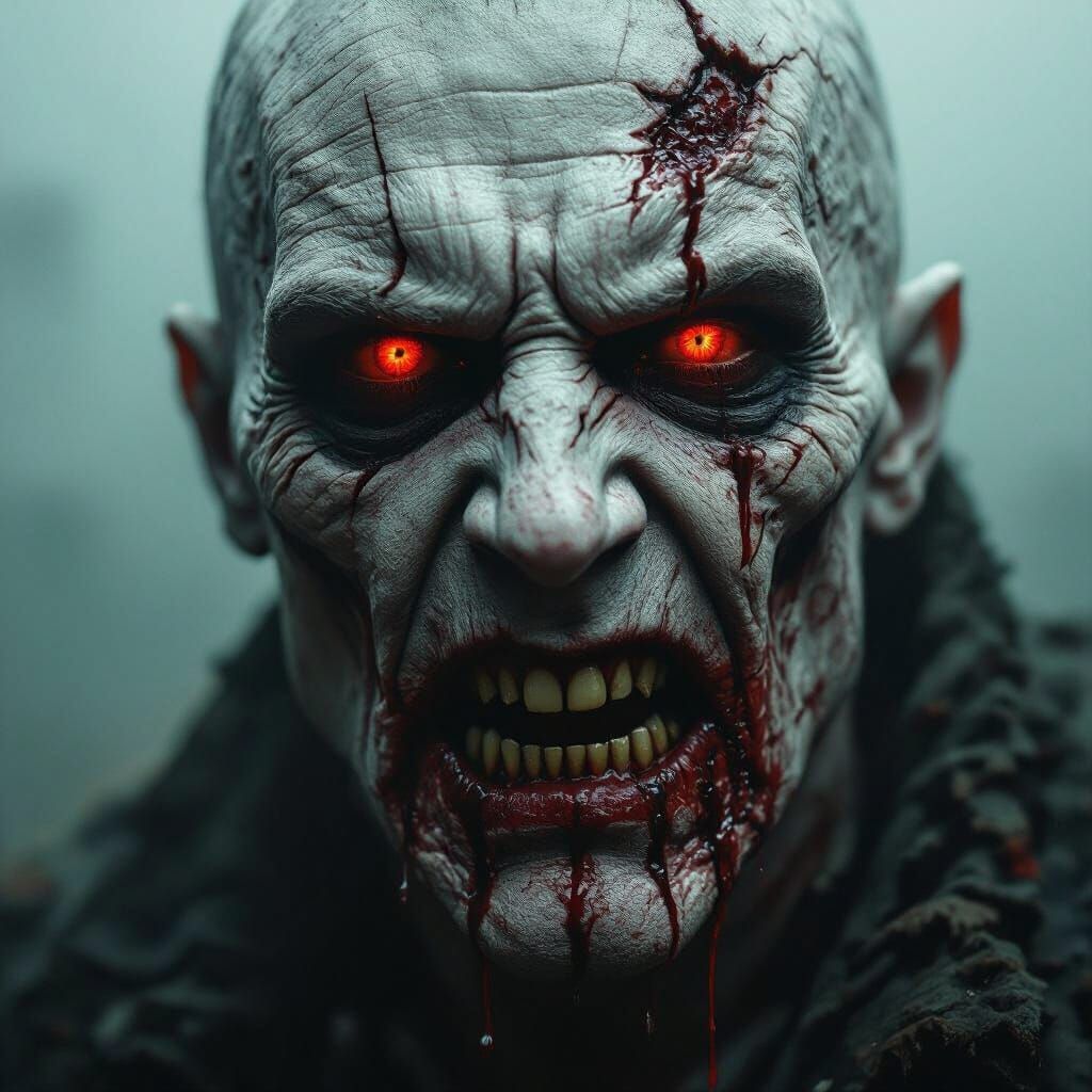 Terrifying Decaying Face with Glowing Eyes in Photorealistic...