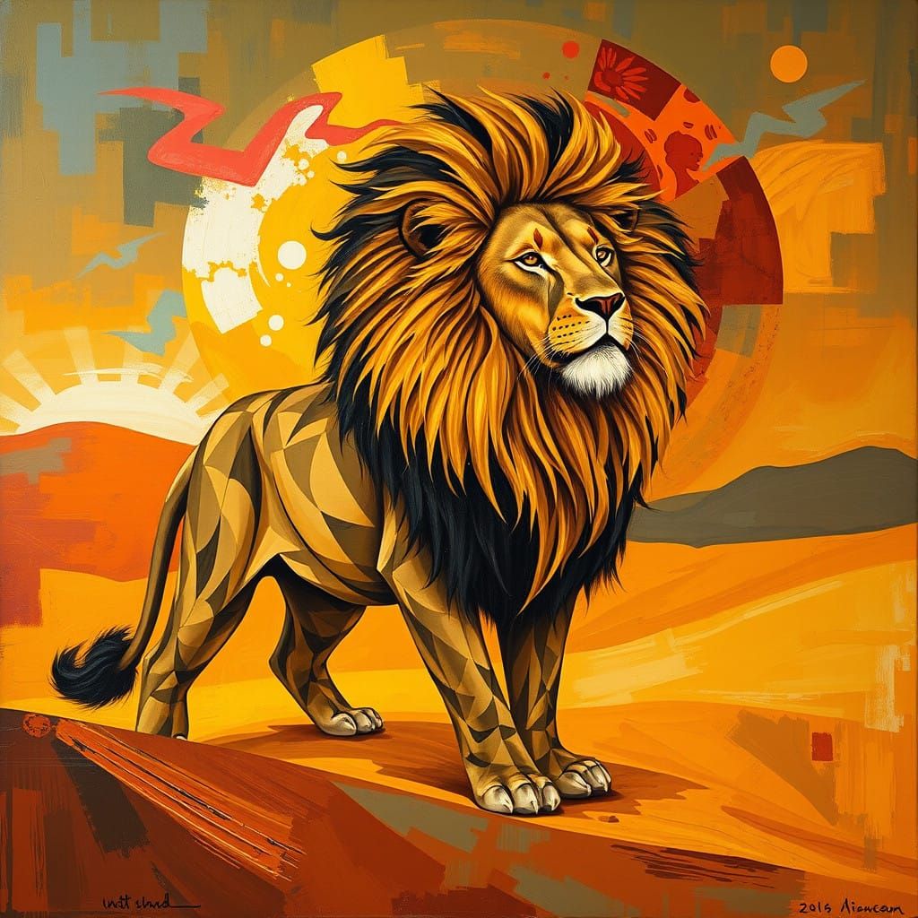 Majestic Lion Fragmented in Vibrant Cubist Desert